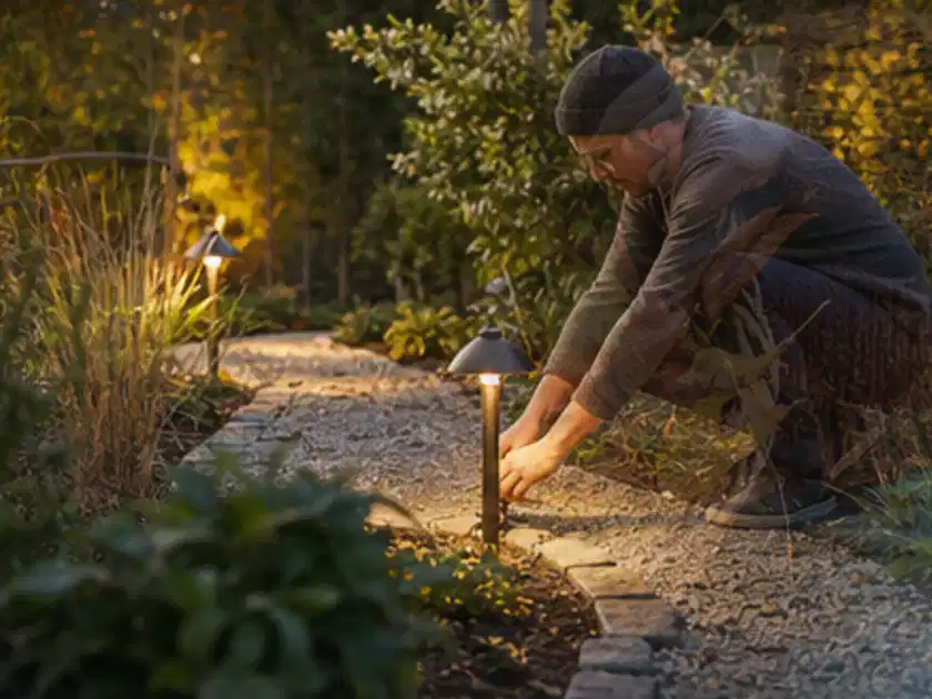 Person richtet eine niedrige warm leuchtende Gartenlampe am Kiesweg aus; Thema Japanischer Garten, Schwerpunkt Bepflanzung; Titelbild.