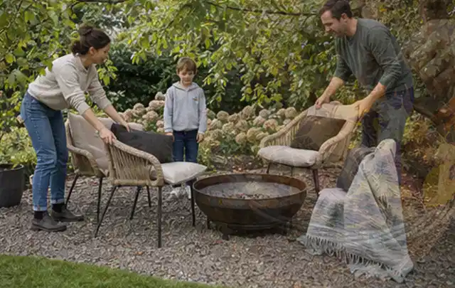 Familie stellt wetterfeste Sessel an einem geschützten Sitzplatz im Garten auf; Thema Japanischer Garten, Schwerpunkt Bepflanzung; Ausgangslage.