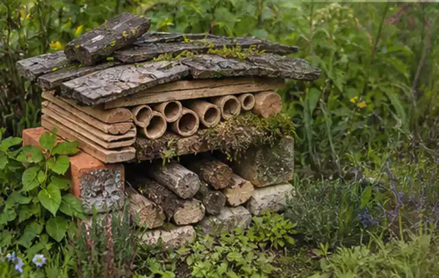 Naturnaher Unterschlupf aus Holz Rinde und Pflanzenstängeln im Garten; Thema Japanischer Garten, Schwerpunkt Bepflanzung; Ergebnis.