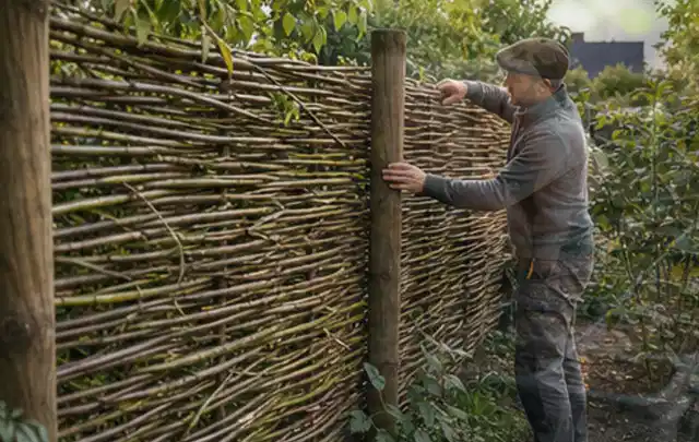 Person befestigt geflochtene Weidenruten an stabilen Holzpfosten im Garten; Thema Japanischer Garten, Schwerpunkt Bepflanzung; Praxisalltag.