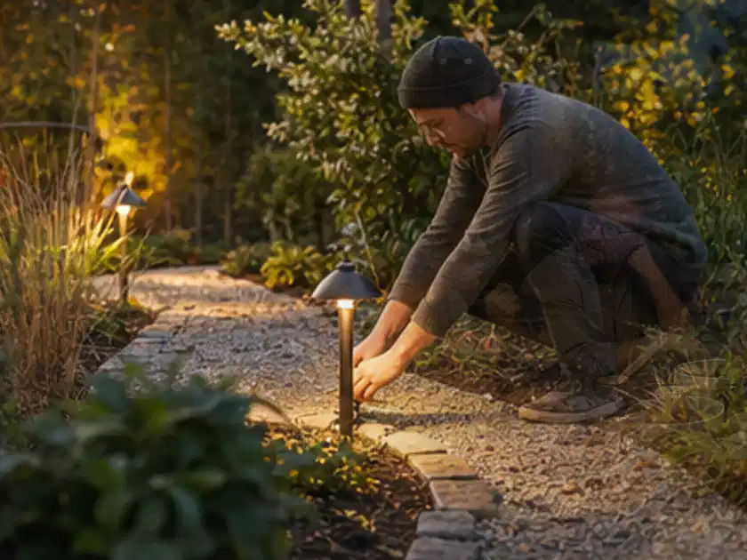 Person richtet eine niedrige warm leuchtende Gartenlampe am Kiesweg aus; Thema Japanischer Garten, Schwerpunkt Checkliste; Titelbild.