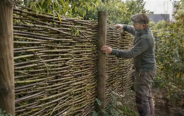 Person befestigt geflochtene Weidenruten an stabilen Holzpfosten im Garten; Thema Japanischer Garten, Schwerpunkt Checkliste; Umsetzung.