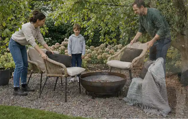 Familie stellt wetterfeste Sessel an einem geschützten Sitzplatz im Garten auf; Thema Japanischer Garten, Schwerpunkt Checkliste; Ergebnis.