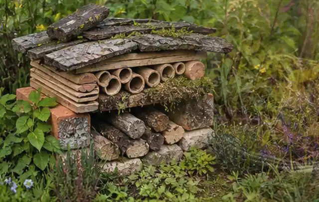 Naturnaher Unterschlupf aus Holz Rinde und Pflanzenstängeln im Garten; Thema Japanischer Garten, Schwerpunkt Checkliste; Praxisalltag.