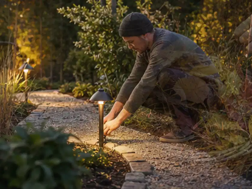 Person richtet eine niedrige warm leuchtende Gartenlampe am Kiesweg aus; Thema Japanischer Garten, Schwerpunkt Fehlerhilfe; Titelbild.