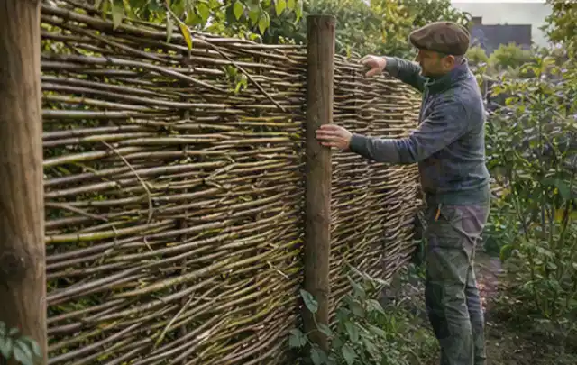 Person befestigt geflochtene Weidenruten an stabilen Holzpfosten im Garten; Thema Japanischer Garten, Schwerpunkt Fehlerhilfe; Umsetzung.
