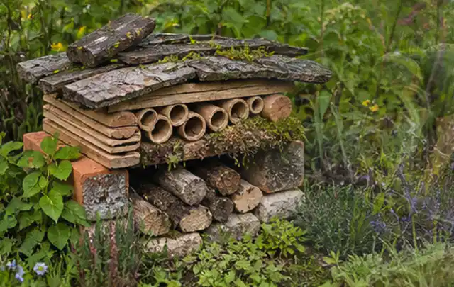 Naturnaher Unterschlupf aus Holz Rinde und Pflanzenstängeln im Garten; Thema Japanischer Garten, Schwerpunkt Fehlerhilfe; Ergebnis.