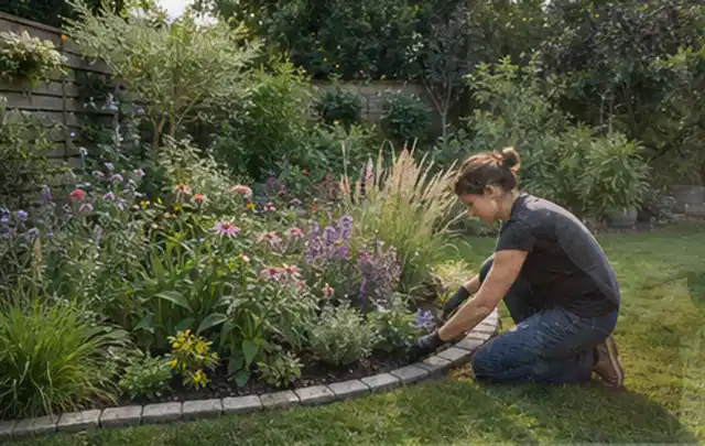 Person pflegt die klare Kante eines geschwungenen blühenden Staudenbeets; Thema Japanischer Garten, Schwerpunkt Gärten mit kleiner Fläche; Umsetzung.