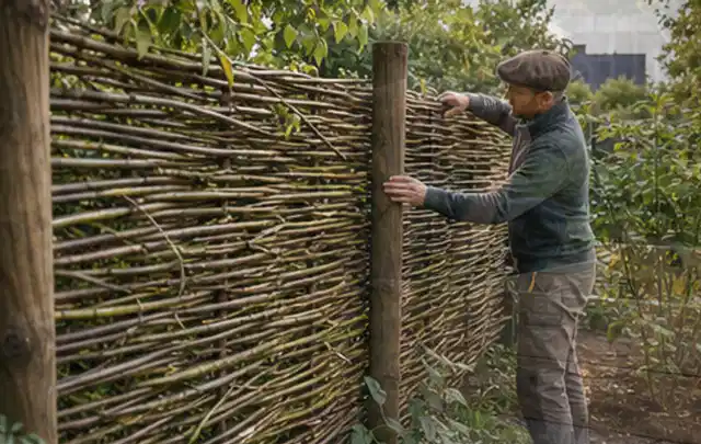 Person befestigt geflochtene Weidenruten an stabilen Holzpfosten im Garten; Thema Japanischer Garten, Schwerpunkt mit kleiner Fläche; Kontrolle.