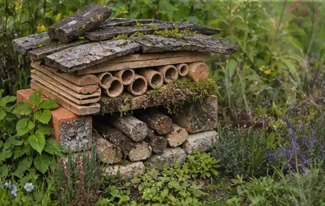 Naturnaher Unterschlupf aus Holz Rinde und Pflanzenstängeln im Garten; Thema Japanischer Garten, Schwerpunkt mit kleiner Fläche; Praxisalltag.