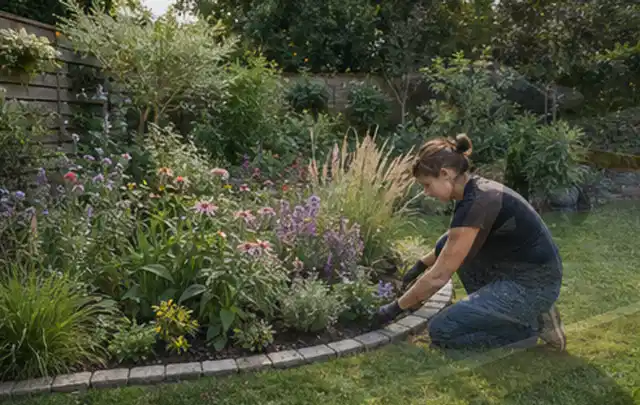 Person pflegt die klare Kante eines geschwungenen blühenden Staudenbeets; Thema Japanischer Garten, Schwerpunkt Garten gestalten; Ausgangslage.