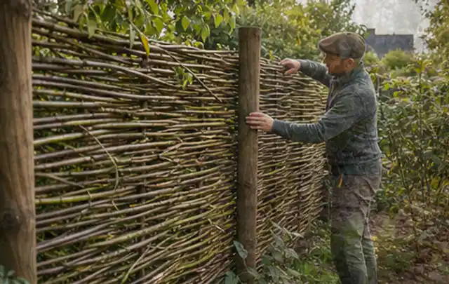 Person befestigt geflochtene Weidenruten an stabilen Holzpfosten im Garten; Thema Japanischer Garten, Schwerpunkt gestalten; Kontrolle.