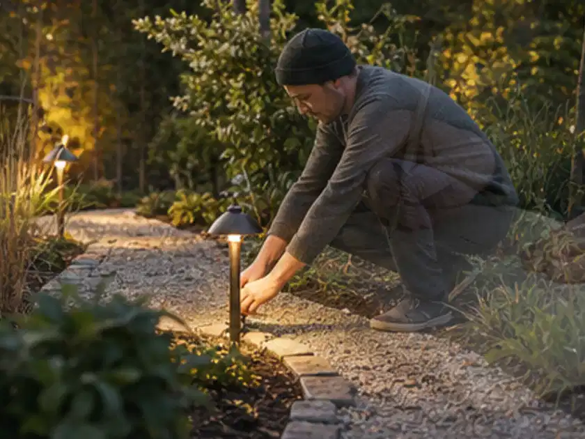 Person richtet eine niedrige warm leuchtende Gartenlampe am Kiesweg aus; Thema Japanischer Garten, Schwerpunkt Hanglage; Titelbild.