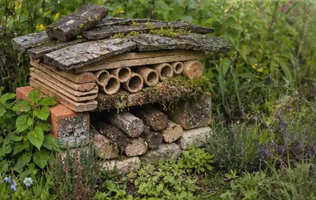 Naturnaher Unterschlupf aus Holz Rinde und Pflanzenstängeln im Garten; Thema Japanischer Garten, Schwerpunkt Hanglage; Kontrolle.