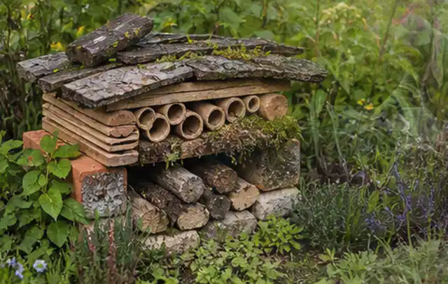 Naturnaher Unterschlupf aus Holz Rinde und Pflanzenstängeln im Garten; Thema Japanischer Garten, Schwerpunkt Kosten; Umsetzung.