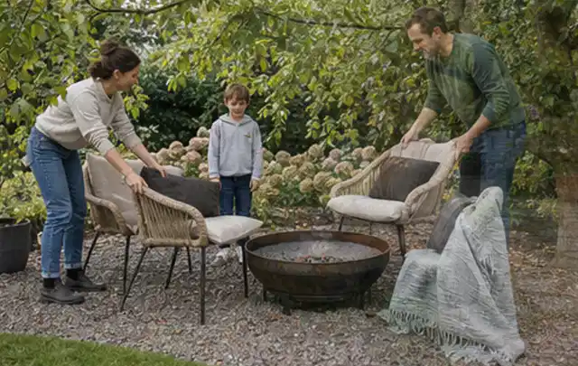 Familie stellt wetterfeste Sessel an einem geschützten Sitzplatz im Garten auf; Thema Japanischer Garten, Schwerpunkt Kosten; Ergebnis.