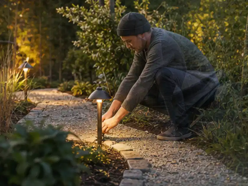 Person richtet eine niedrige warm leuchtende Gartenlampe am Kiesweg aus; Thema Japanischer Garten, Schwerpunkt Materialwahl; Titelbild.
