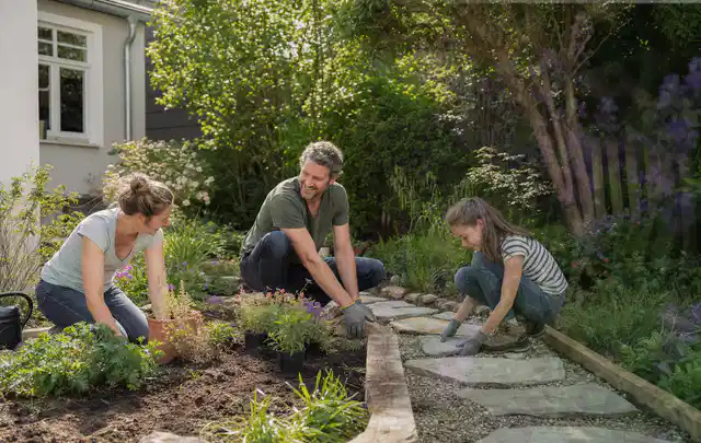 Familie geht auf einem Weg durch einen abwechslungsreich gestalteten Garten; Thema Japanischer Garten, Schwerpunkt Materialwahl; Umsetzung.