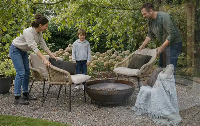Familie stellt wetterfeste Sessel an einem geschützten Sitzplatz im Garten auf; Thema Japanischer Garten, Schwerpunkt Materialwahl; Kontrolle.