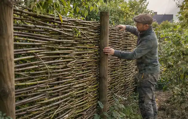 Person befestigt geflochtene Weidenruten an stabilen Holzpfosten im Garten; Thema Japanischer Garten, Schwerpunkt Materialwahl; Praxisalltag.