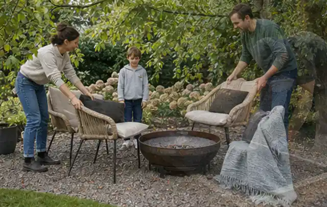 Familie stellt wetterfeste Sessel an einem geschützten Sitzplatz im Garten auf; Thema Japanischer Garten, Schwerpunkt Naturgarten; Umsetzung.