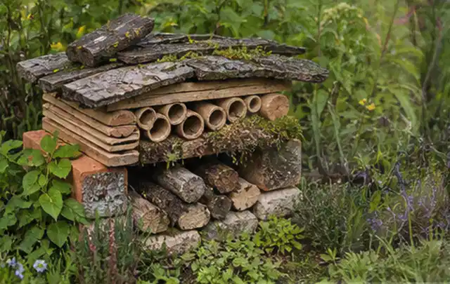 Naturnaher Unterschlupf aus Holz Rinde und Pflanzenstängeln im Garten; Thema Japanischer Garten, Schwerpunkt Naturgarten; Ergebnis.