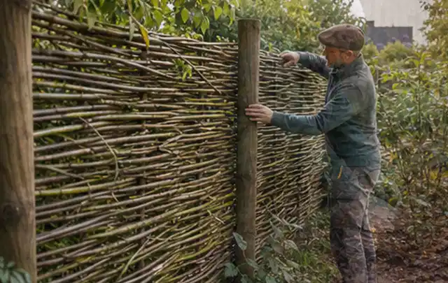 Person befestigt geflochtene Weidenruten an stabilen Holzpfosten im Garten; Thema Japanischer Garten, Schwerpunkt Naturgarten; Praxisalltag.