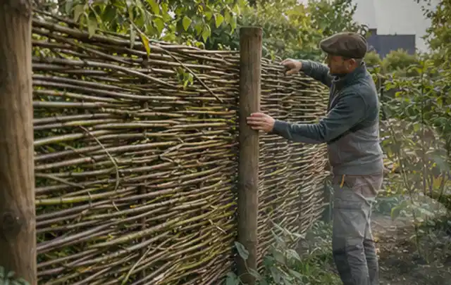 Person befestigt geflochtene Weidenruten an stabilen Holzpfosten im Garten; Thema Japanischer Garten, Schwerpunkt Pflegeleichtigkeit; Kontrolle.