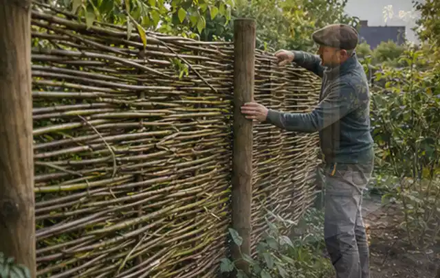 Person befestigt geflochtene Weidenruten an stabilen Holzpfosten im Garten; Thema Japanischer Garten, Schwerpunkt Praxisbeispiele; Ergebnis.