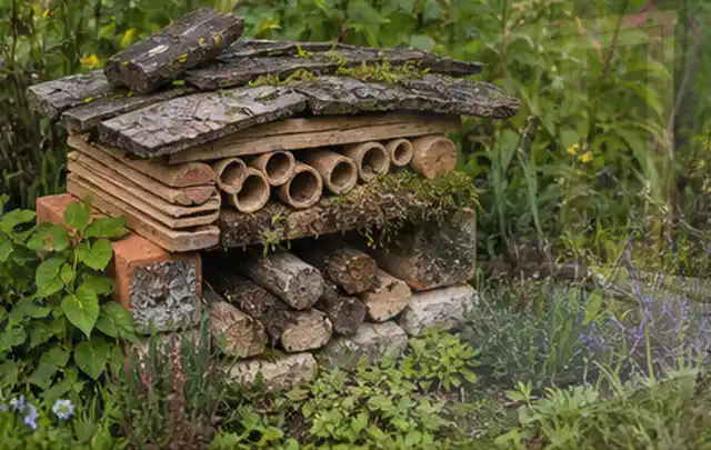 Naturnaher Unterschlupf aus Holz Rinde und Pflanzenstängeln im Garten; Thema Japanischer Garten, Schwerpunkt Privatsphäre; Ausgangslage.