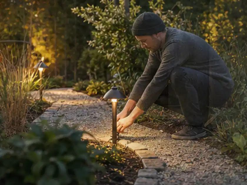 Person richtet eine niedrige warm leuchtende Gartenlampe am Kiesweg aus; Thema Japanischer Garten, Schwerpunkt Wegeführung; Titelbild.