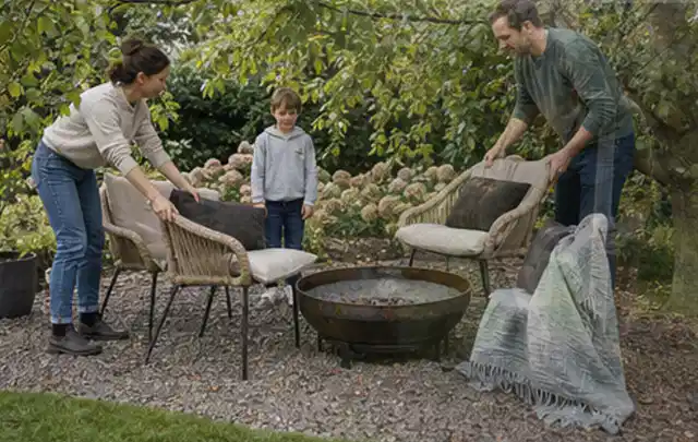 Familie stellt wetterfeste Sessel an einem geschützten Sitzplatz im Garten auf; Thema Japanischer Garten, Schwerpunkt Wegeführung; Kontrolle.
