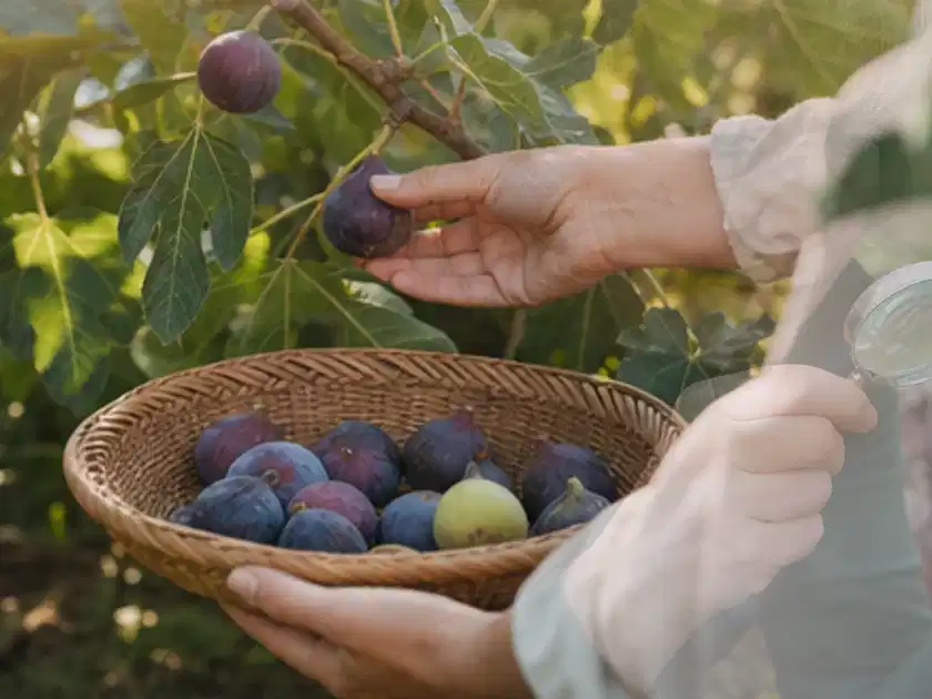 Hand pflückt eine reife Feige über einem flachen Korb mit Früchten; Thema Johannisbeeren, Schwerpunkt Anbau; Titelbild.