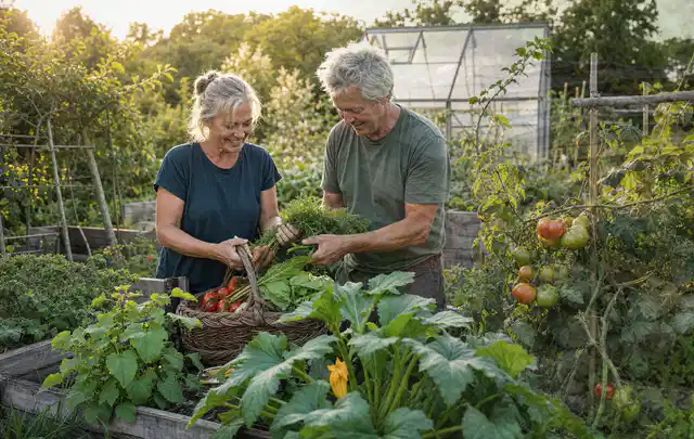 Zwei Personen ernten gemeinsam Gemüse in einem sonnigen Nutzgarten; Thema Johannisbeeren, Schwerpunkt Aussaat; Praxisalltag.