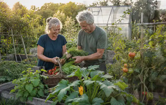 Zwei Personen ernten gemeinsam Gemüse in einem sonnigen Nutzgarten; Thema Johannisbeeren, Schwerpunkt Balkongarten; Ergebnis.