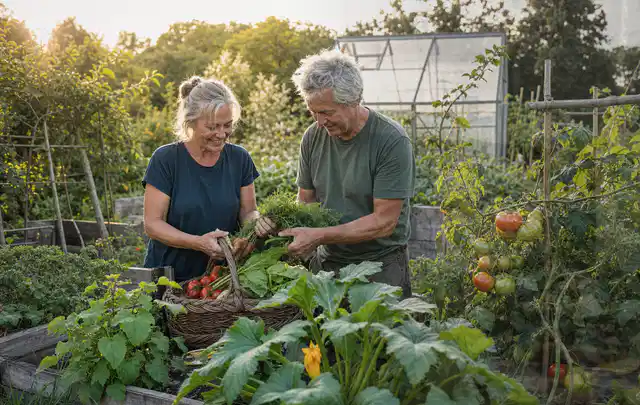 Zwei Personen ernten gemeinsam Gemüse in einem sonnigen Nutzgarten; Thema Johannisbeeren, Schwerpunkt Boden; Umsetzung.