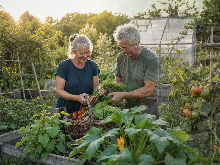 Zwei Personen ernten gemeinsam Gemüse in einem sonnigen Nutzgarten; Thema Johannisbeeren, Schwerpunkt Einsteigerwissen; Titelbild.