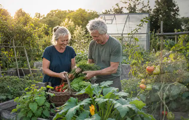 Zwei Personen ernten gemeinsam Gemüse in einem sonnigen Nutzgarten; Thema Johannisbeeren, Schwerpunkt Ernte; Ergebnis.