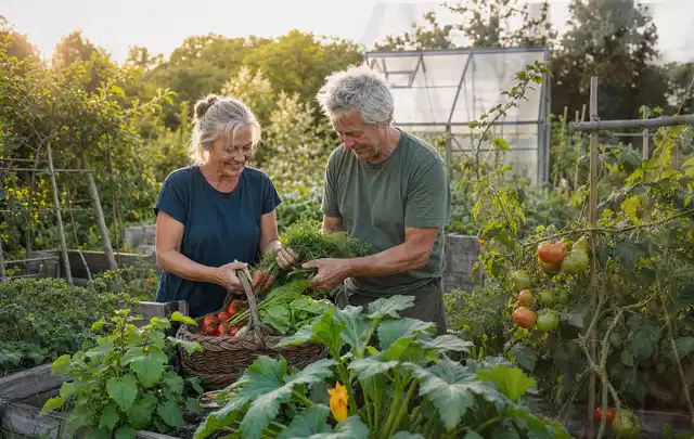 Zwei Personen ernten gemeinsam Gemüse in einem sonnigen Nutzgarten; Thema Johannisbeeren, Schwerpunkt Gesundheit; Umsetzung.