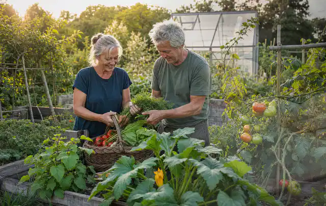 Zwei Personen ernten gemeinsam Gemüse in einem sonnigen Nutzgarten; Thema Johannisbeeren, Schwerpunkt Hochbeet; Kontrolle.