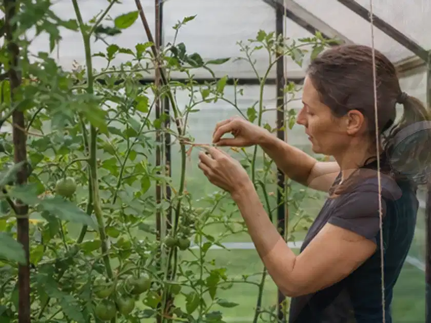 Person bindet junge Tomatentriebe in einem privaten Gewächshaus vorsichtig an; Thema Johannisbeeren, Schwerpunkt Lagerung; Titelbild.