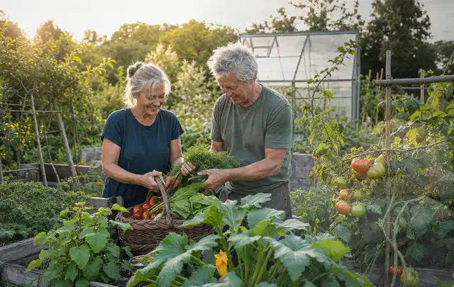 Zwei Personen ernten gemeinsam Gemüse in einem sonnigen Nutzgarten; Thema Johannisbeeren, Schwerpunkt Lagerung; Umsetzung.