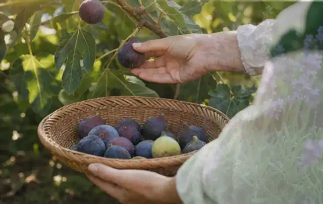 Hand pflückt eine reife Feige über einem flachen Korb mit Früchten; Thema Johannisbeeren, Schwerpunkt Nährstoffe; Ausgangslage.