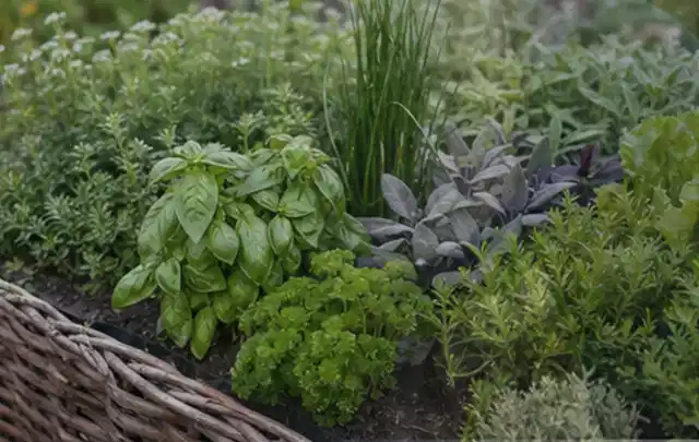 Dichtes Hochbeet mit Basilikum Schnittlauch Petersilie Salbei und weiteren Küchenkräutern; Thema Johannisbeeren, Schwerpunkt Pflanzung; Kontrolle.