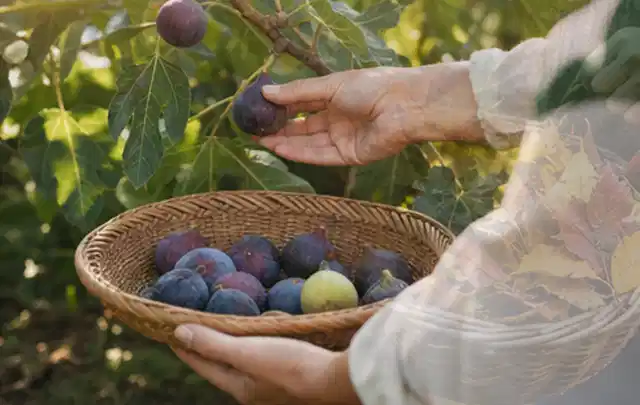 Hand pflückt eine reife Feige über einem flachen Korb mit Früchten; Thema Johannisbeeren, Schwerpunkt Saisonkalender; Kontrolle.