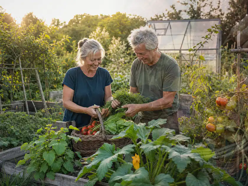 Zwei Personen ernten gemeinsam Gemüse in einem sonnigen Nutzgarten; Thema Johannisbeeren, Schwerpunkt Sortenwahl; Titelbild.