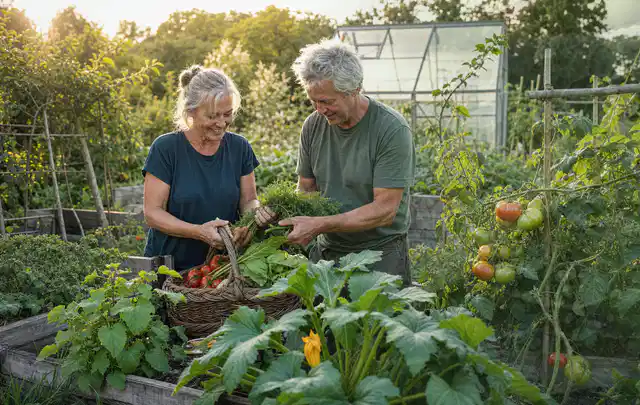 Zwei Personen ernten gemeinsam Gemüse in einem sonnigen Nutzgarten; Thema Johannisbeeren, Schwerpunkt Standort; Umsetzung.