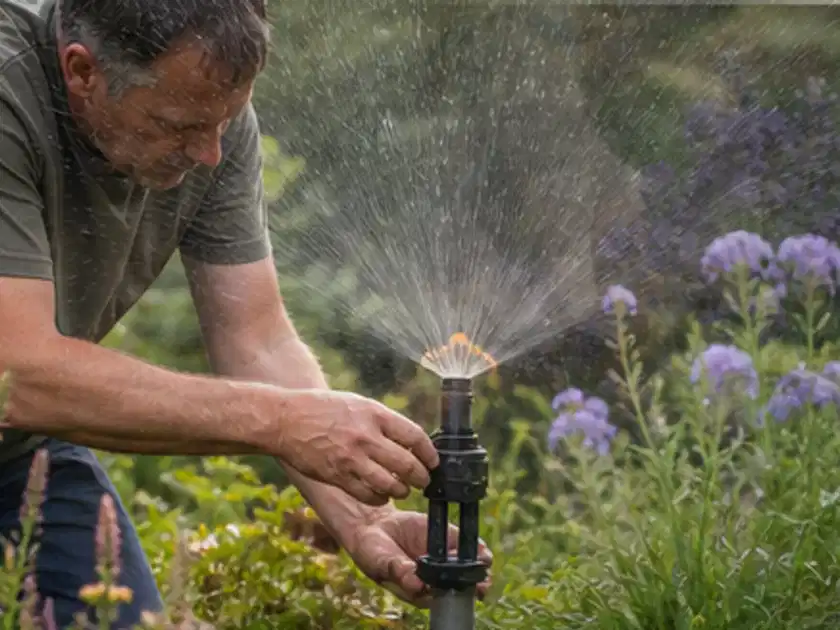 Person richtet einen laufenden Gartensprenger zwischen Stauden präzise aus; Thema Kakteen, Schwerpunkt Bewässerung; Titelbild.