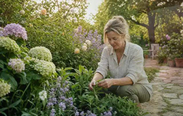 Person pflegt üppige Pflanzen in einem natürlich beleuchteten Garten; Thema Kakteen, Schwerpunkt Düngung; Ausgangslage.