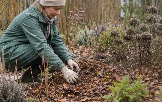 Person verteilt eine schützende Mulchschicht zwischen winterlichen Stauden; Thema Kakteen, Schwerpunkt Fehlerhilfe; Kontrolle.